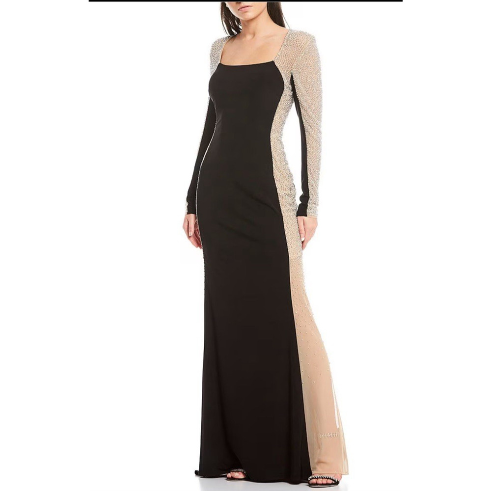 Xscape Caviar Beaded Mesh Panel Contrast Matte Square Neck Sheath Gown Sz 6 NWT
